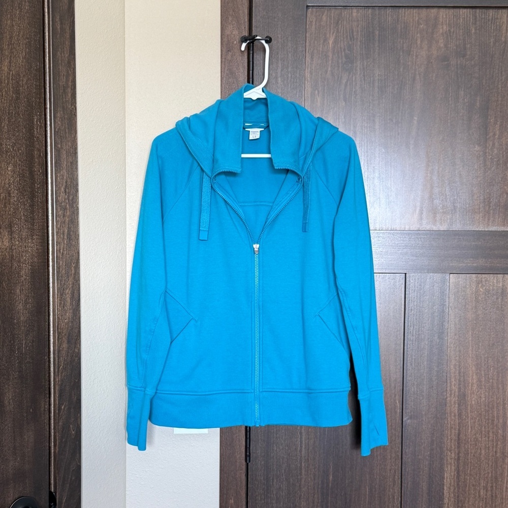 Athleta Women’s Zip Up Thumb Hole Sleeve Fleece Lined Hoodie Blue Size Large